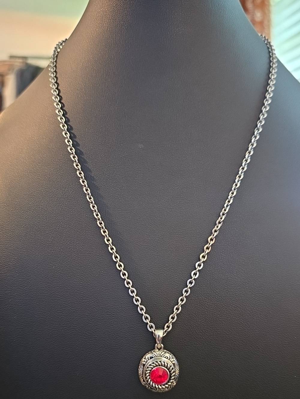 Silver Necklace with Red Gem Pendant Plus Extra Pendant